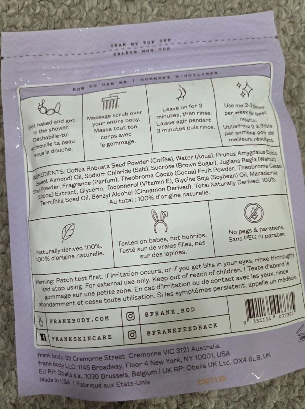 Frank Body Cacao Coffee Scrub - Light Lavender Packaging